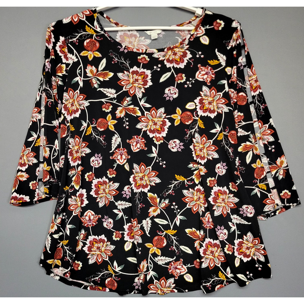 Cato EST. 1946 Shirt Womens 18/20W Black 3/4 Sleeve Boho Romantic Floral Casual